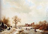 Barend Cornelis Koekkoek Winterlandschap A Winter Landscape With Skaters On A Frozen Waterway And Peasants By A Farm In The Foreground painting